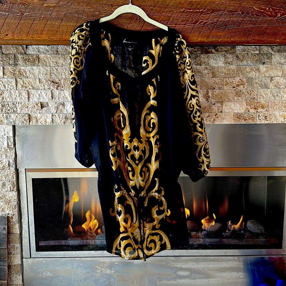 Lane Bryant Gorgeous Black & Gold Baroque Tunic Blouse Size 16